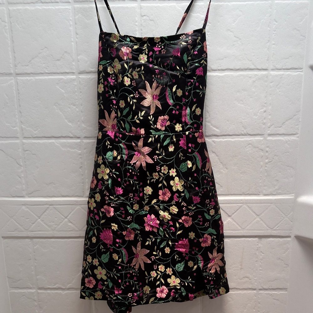 Lulu's Black Floral Mini Dress with Pink & Gold Embroidery